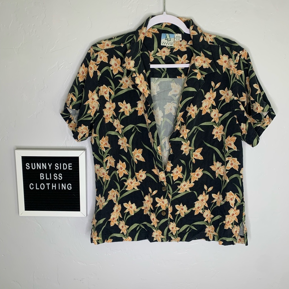 Island Green Star Orchid Floral Aloha Silk Shirt Size Large